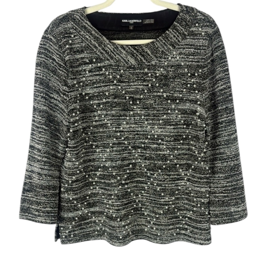 KARL LAGERFELD Pearl Embellished Tweed Knit 3/4 Sleeve Sweater Top Size Medium